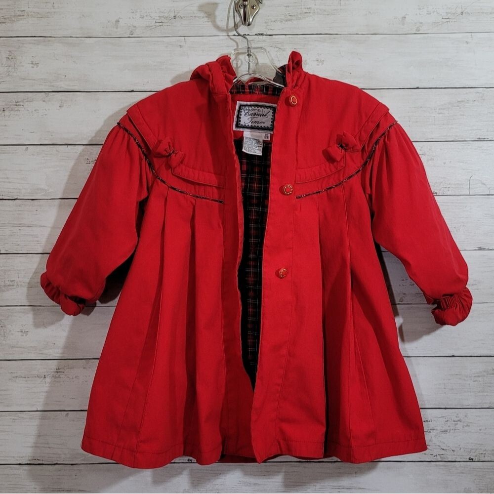Vintage Little Girls "Little Red Riding Hood" Coat Plaid Lining Bows Size 5/6